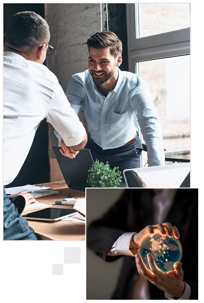 A collage of two men shaking hands in front of a table.